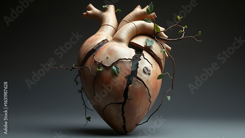 A fractured heart sculpture with vines growing through cracks, representing evolving mortality concepts.