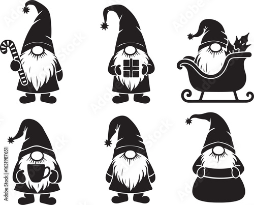 Festive gnomes silhouettes with candy, gift, hot cocoa, and sleigh