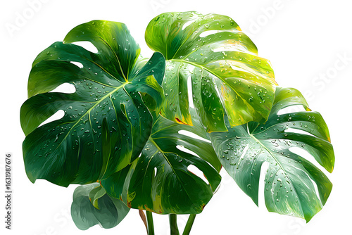 Lush monstera leaves glistening with fresh water droplets, perfect for naturalistic design and vibrant botanical themes