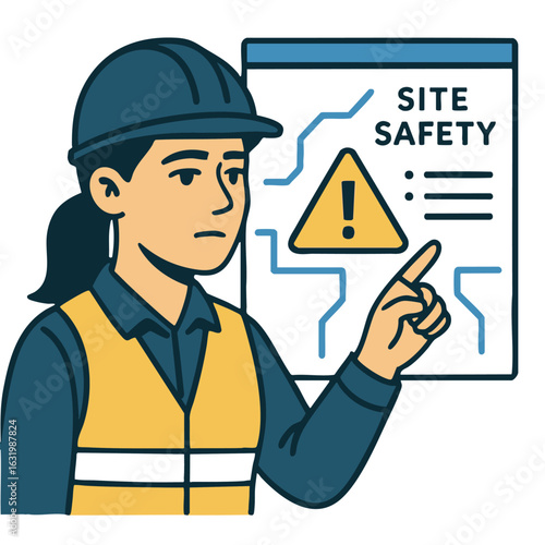 Construction worker pointing at site safety sign, emphasizing importance of safety regulations