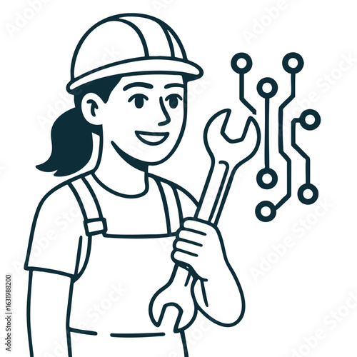 Smiling worker holds wrench, symbolizing technology and engineering