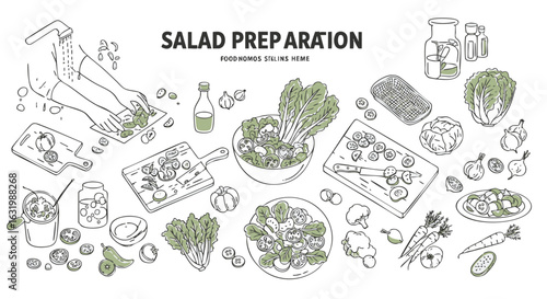 Hand-drawn vector illustration set showing the process of salad preparation with various fresh vegetable ingredients on a white background.