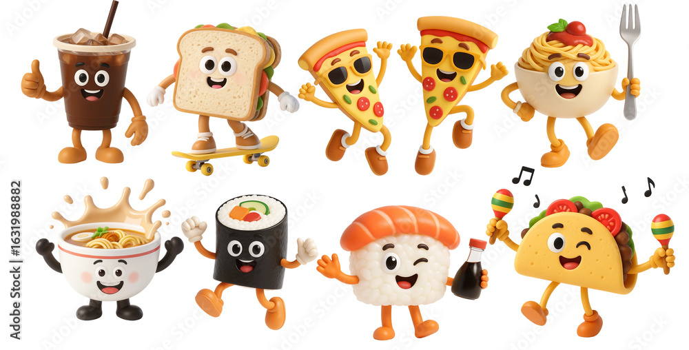 Fototapeta premium Adorable 3D Cartoon Food Characters with Fun Expressions and Actions