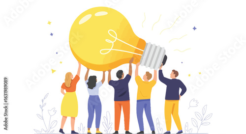 People Lifting a Glowing Light Bulb – Symbol of Teamwork, Shared Creativity, Innovation, Collective Intelligence, and Idea Generation