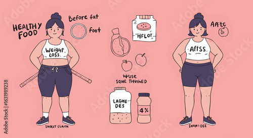 Woman's body transformation illustration showing before and after weight loss results with a healthy diet plan set 382.