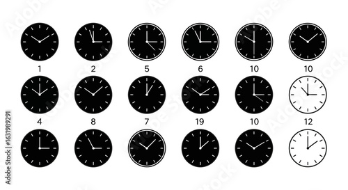 Flat lay of twelve simple black and white clock faces showing different times against a white background, illustrating a monochrome time concept.