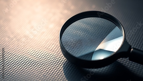 Magnifying glass on a textured surface highlights professional inspection under focused light.
