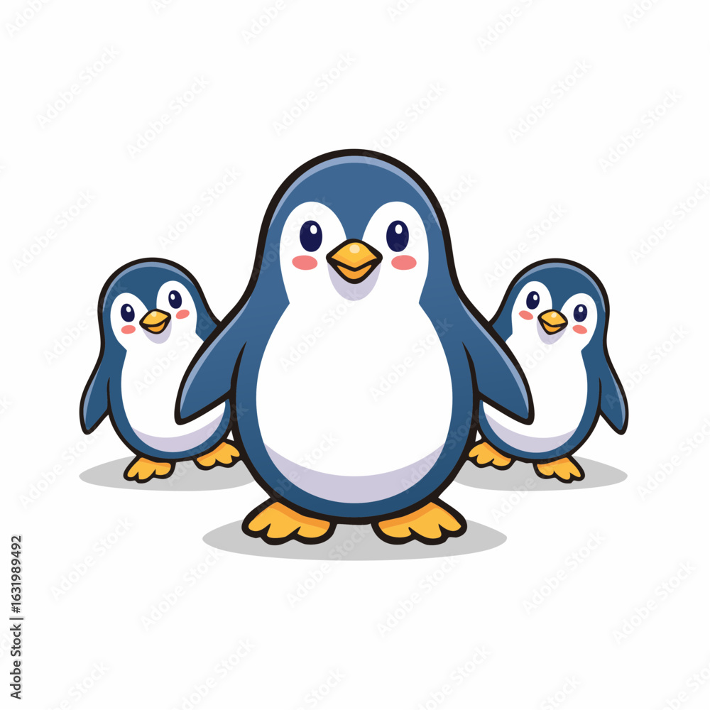 Fototapeta premium A charming cartoon depiction of a penguin family, featuring an adult and two chicks