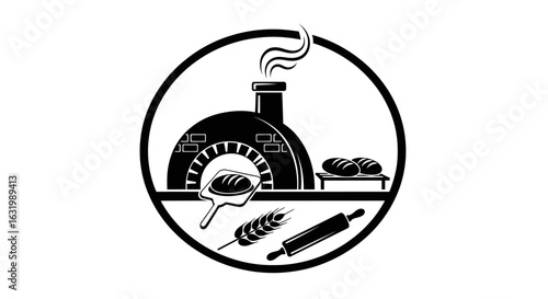 A traditional bakery emblem featuring a brick oven, bread on a peel, wheat stalks, and a rolling pin inside a circular frame.