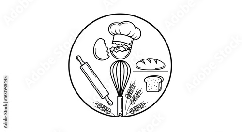 A whimsical baker character logo made from a whisk, egg, and rolling pin with bread and wheat.