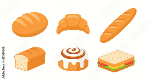 An assortment of illustrated baked goods, including bread, a croissant, and a sandwich.