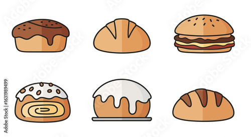 A set of six colorful flat design icons showing various baked goods like bread, buns, a hamburger, and sweet rolls.