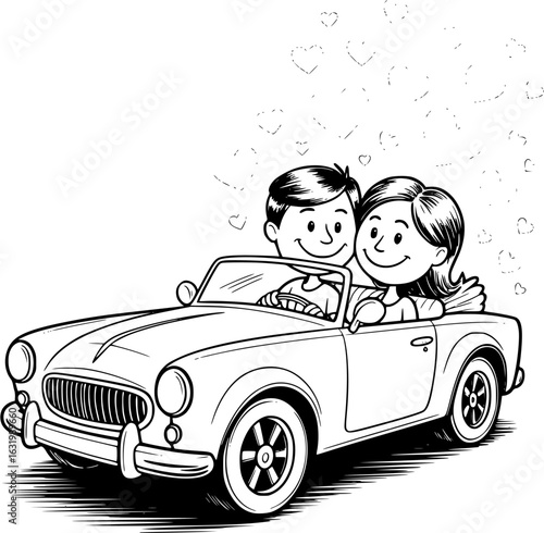 Love's Road Trip: A black and white illustration captures a sweet couple joyfully cruising in a classic convertible car, with hearts floating above, symbolizing the journey of love and togetherness.