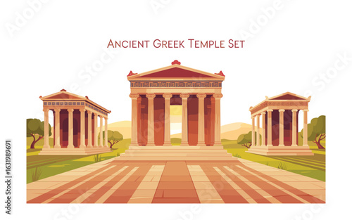 Ancient Greek Temple Set: Architectural Heritage of Greece with Classic Doric Order and Iconic Columns amidst Scenic Landscape, perfect for history buffs