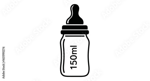 A black and white icon of a baby feeding bottle with a 150ml measurement mark.
