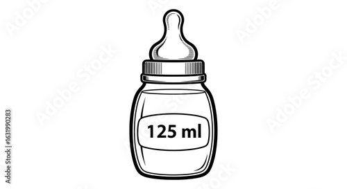 A black and white line drawing of a baby feeding bottle containing 125 ml of liquid.