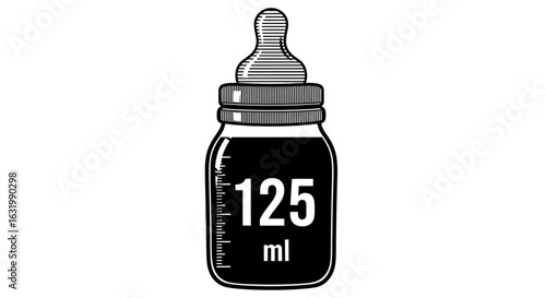 A black and white illustration of a baby bottle filled with 125 ml of liquid.