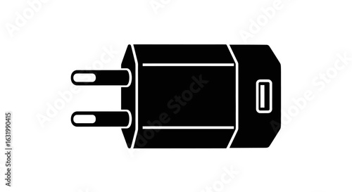 A minimalist black silhouette of a two-prong USB wall charger power adapter on a white background.