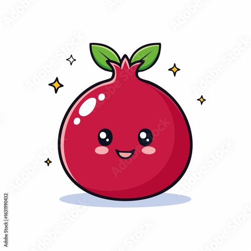 Adorable Pomegranate Cartoon Character with Sparkling Stars and Cheerful Facial Expression