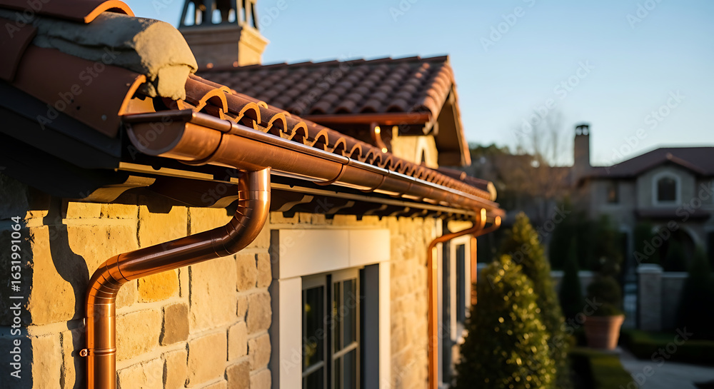 Obraz premium Detailed copper rain gutter system on a luxury brick home exterior basking in late afternoon