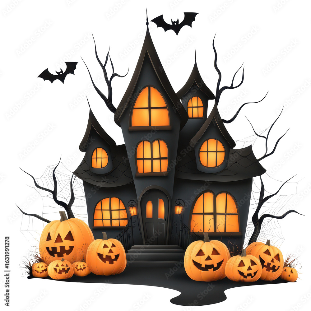Fototapeta premium Spooky haunted house with glowing pumpkins and bats, perfect for Halloween celebrations and scary holiday themes.