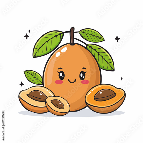 Adorable loquat fruit illustration with cheerful facial expression and vibrant leaf accents