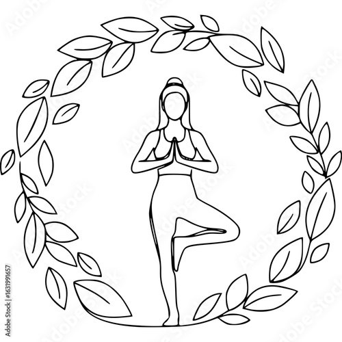 Yoga Pose within Floral Embrace: A serene illustration showcases a person gracefully balancing in a yoga pose, embraced by a delicate wreath of leaves, promoting wellness and natural connection.