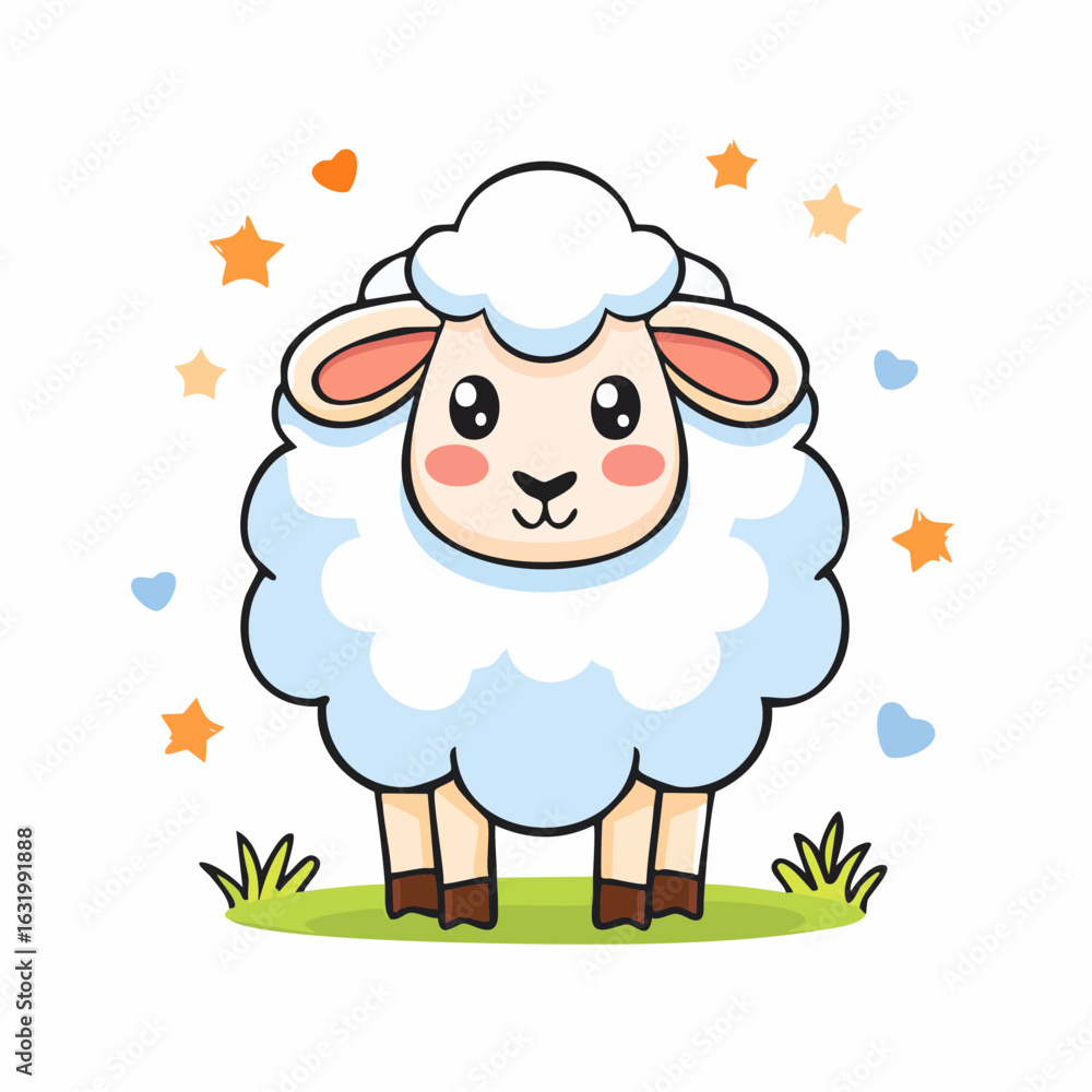 Fototapeta premium Adorable Sheep Cartoon Character with Stars and Hearts in a Whimsical Setting