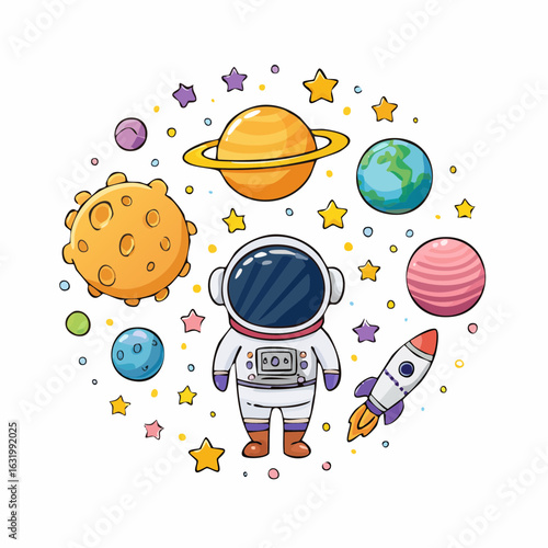 Cartoon Astronaut Surrounded by Planets and Stars in a Whimsical Space Adventure