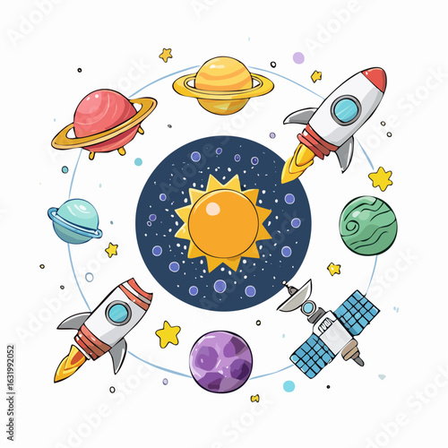 Whimsical Space Adventure: A Colorful Cartoon Illustration of Planets, Rockets, and Stars