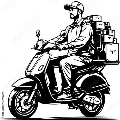 Delivery Courier on Scooter: A determined courier skillfully maneuvers a sleek scooter, laden with parcels, navigating the cityscape with precision and speed to ensure timely deliveries. 