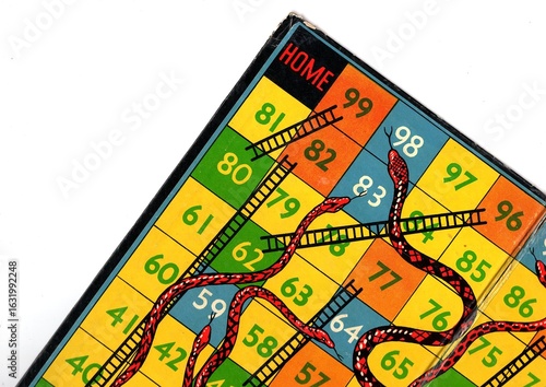 Detail from a vintage snakes and ladders game board.