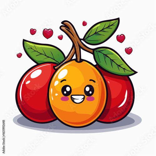 Cheerful cartoon fruit with hearts, emanating joyful and delightful ambiance illustration