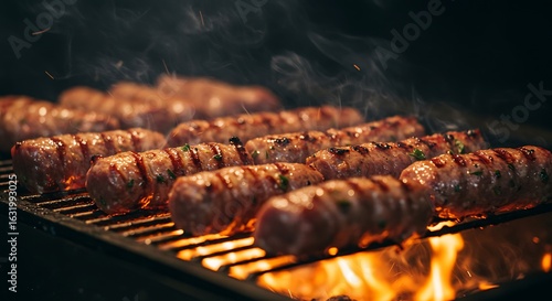 Sizzling Cevapi Sausages Grilling Over Fiery Coals with Rising Smoke and Sparks