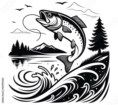 Fishing Vector. Bass Fishing SVG  Collection – Silhouette Vector Clipart . Jumping Fish in Lake Illustration. Fishing time in a hill . T- Shirt Design Vector Art, Icons, and Graphics for Free ...