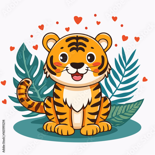 Adorable Cartoon Tiger Surrounded by Lush Greenery and Affectionate Heart Embellishments