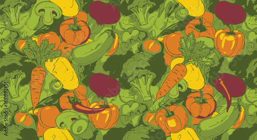 Hand-drawn fresh vegetable medley seamless pattern. A vibrant and healthy food background illustration for organic concepts.