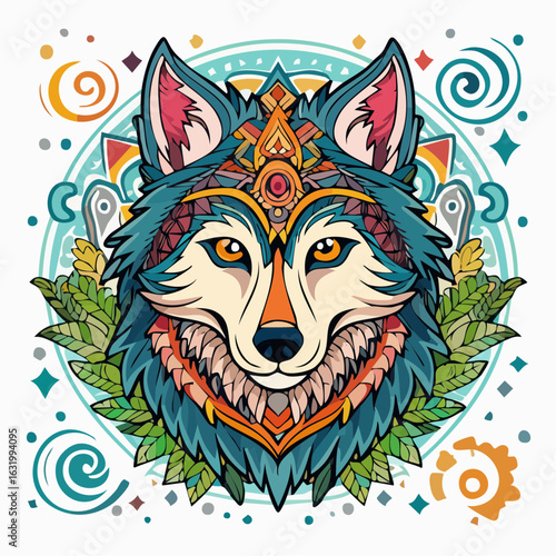 Intricate wolf illustration with elaborate decorative elements and vibrant color palette