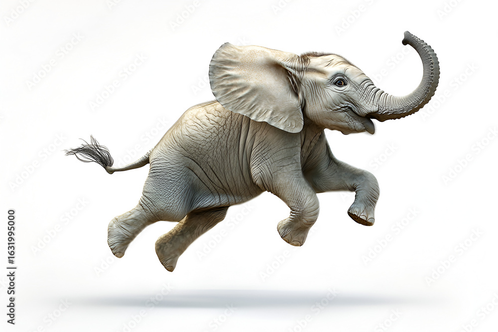 Obraz premium A joyful baby elephant leaps energetically through the air with its trunk raised high against a white background.