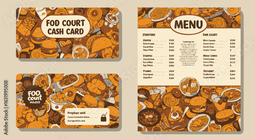 Food court branding identity set with menu template and cash card design. Vector illustration with hand-drawn fast food pattern.
