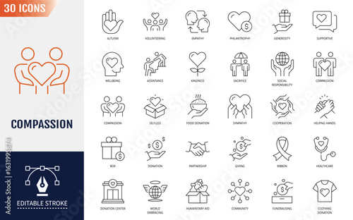 Compassion Line Editable Icons set. Containing party, concert, outdoor recreation, and more. Vector illustration