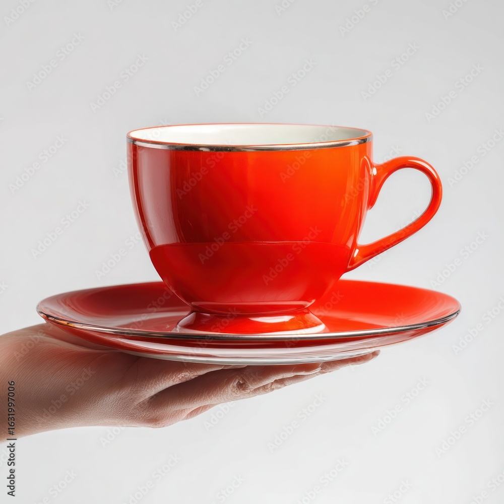 Hand holding a bright red teacup and saucer Hand holding a bright red teacup and saucer