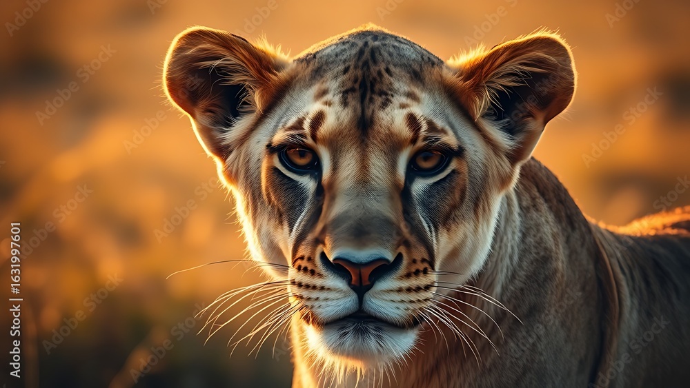 Fototapeta premium Lioness with a focused gaze, bathed in golden savanna light, showcasing natural beauty and strength.