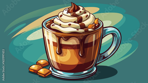 CafÃ© Mocha with Chocolate Syrup: A rich cafÃ© mocha topped with whipped cream and a drizzle of chocolate syrup, served in a clear glass mug.