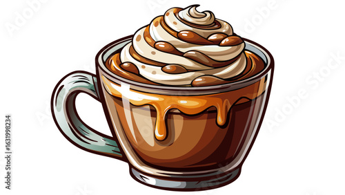CafÃ© Mocha with Chocolate Syrup: A rich cafÃ© mocha topped with whipped cream and a drizzle of chocolate syrup, served in a clear glass mug.