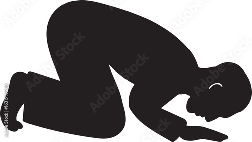 Silhouette of a person praying in a prostrate position isolated on white background