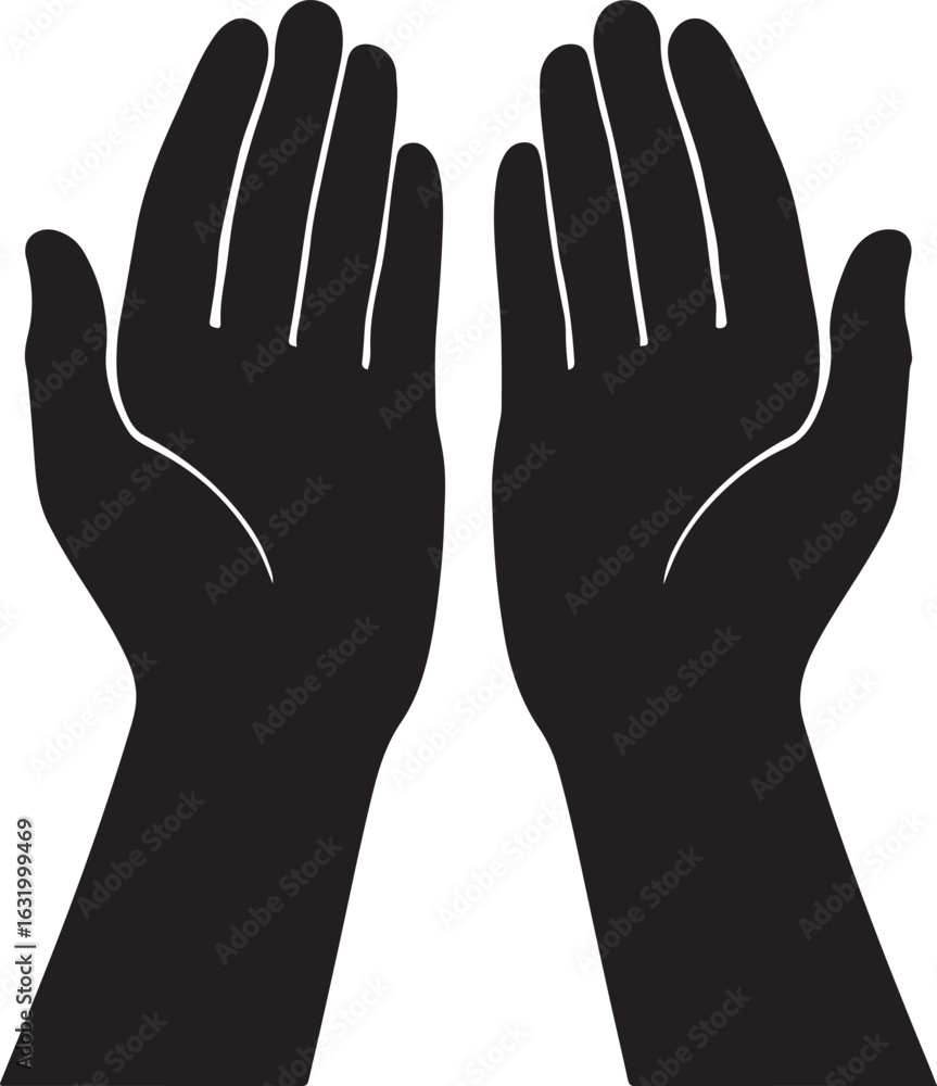 Obraz premium Black silhouette of open hands raised in prayer isolated on white background