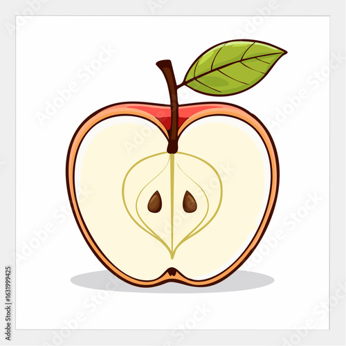 Illustration of Half an Apple with Seeds and a Leaf on a White Background