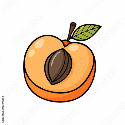 A delightful cartoon illustration of a halved peach with its seed prominently displayed