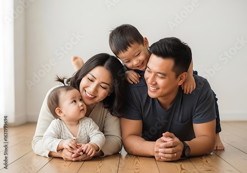 Joyful asian family poses together on wooden floor indoors